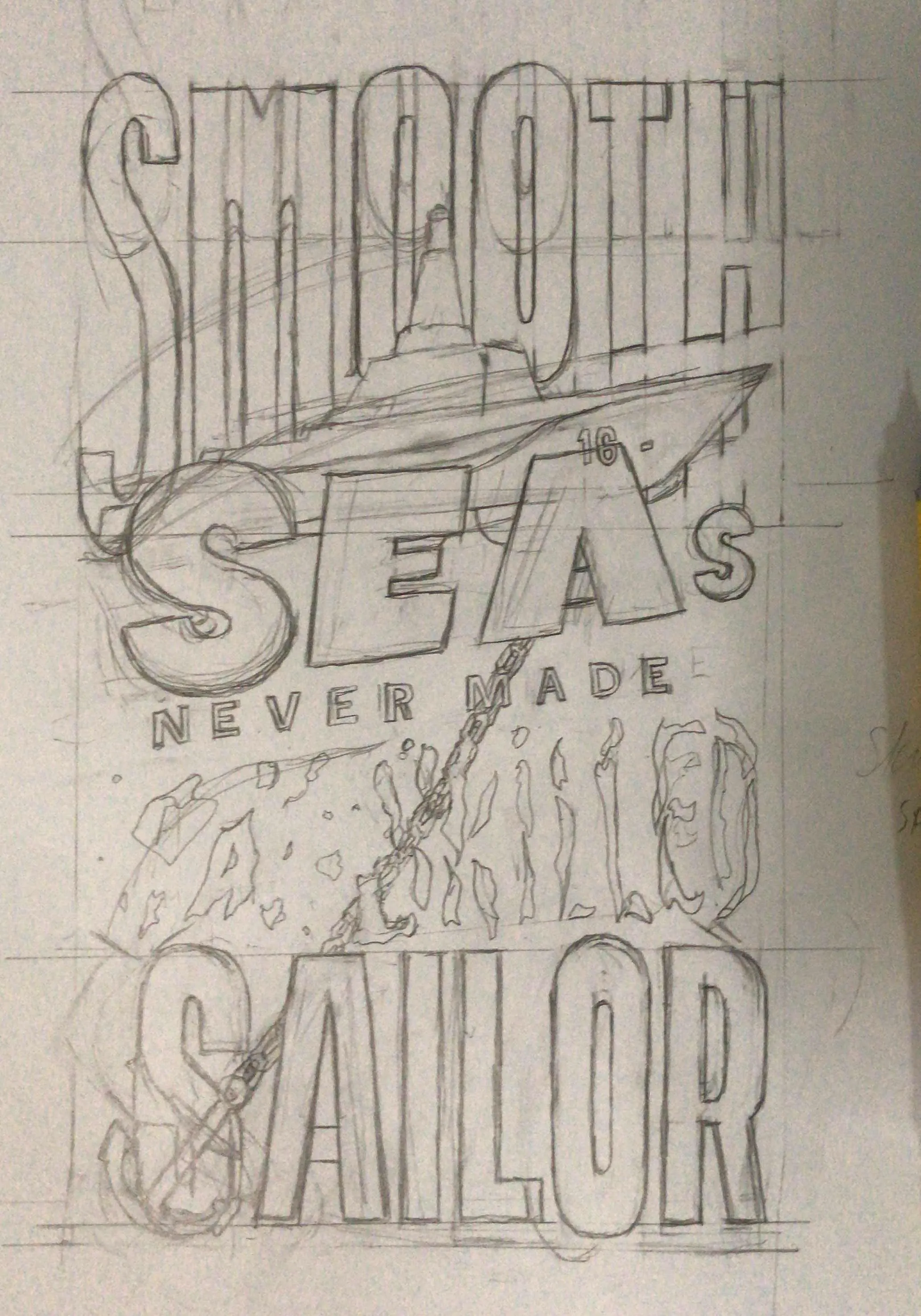Pencil process drawing of the ship and lightning composition.