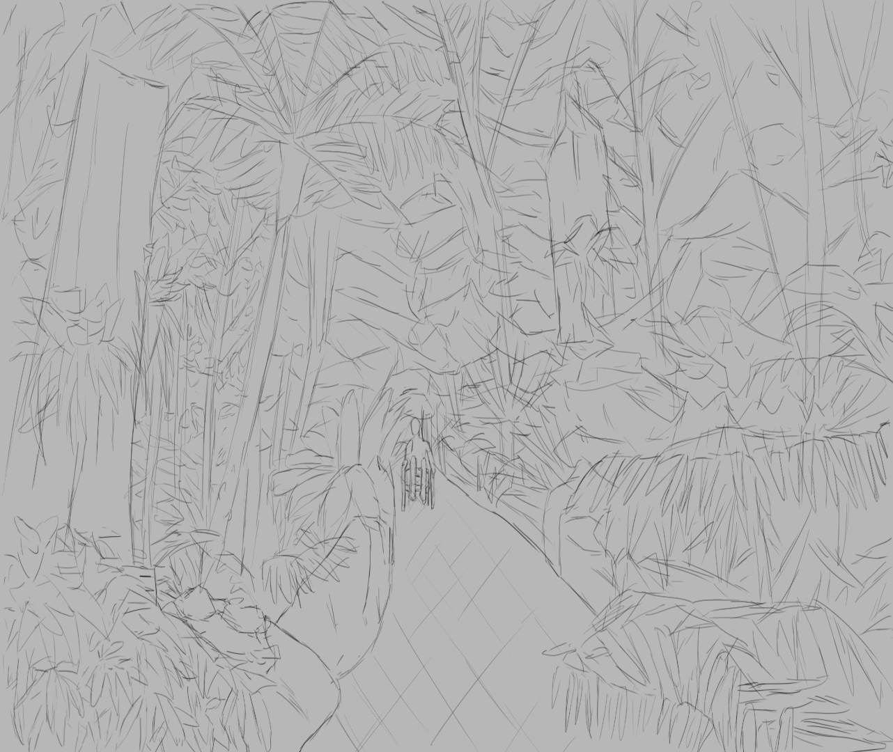 Storyboard sketch of a path through the Botanic Gardens
